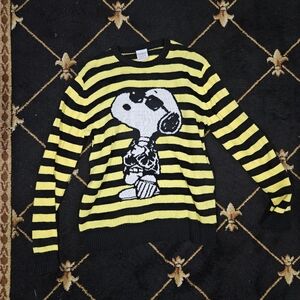 RARE Peanuts Snoopy Sweater Womens Black Yellow Striped Long Sleeve Crew Neck